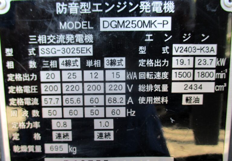 DGM250MK-P　25KVA　中古発電機　新ダイワ　三相・単相同時出力　ビックタンク　オイルガード付
